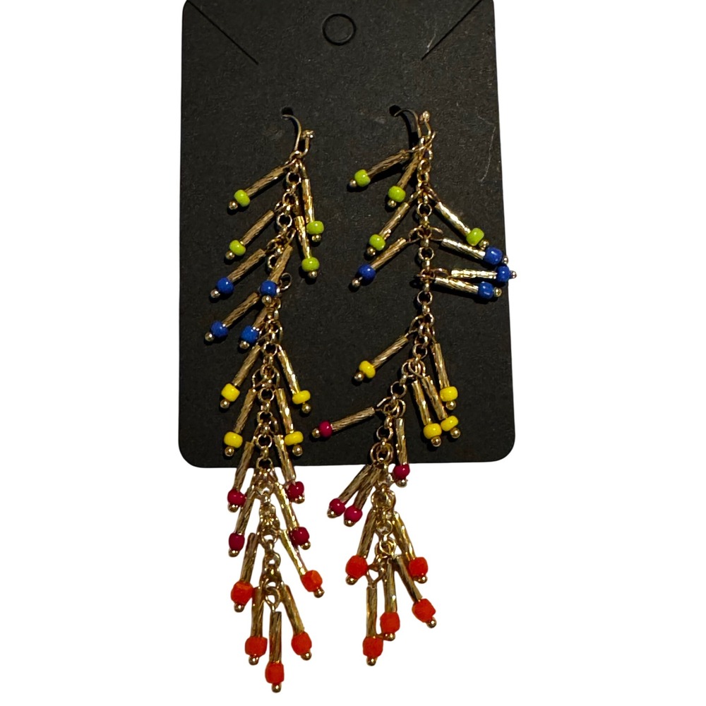Boho Gold Tone Multi Color Seed Bead Tiered Dangle Statement Earrings